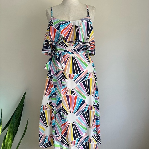 Trina Turk SILK BELTED Ruffle Retro Lined MIDI Dress sz Medium - Picture 3 of 8